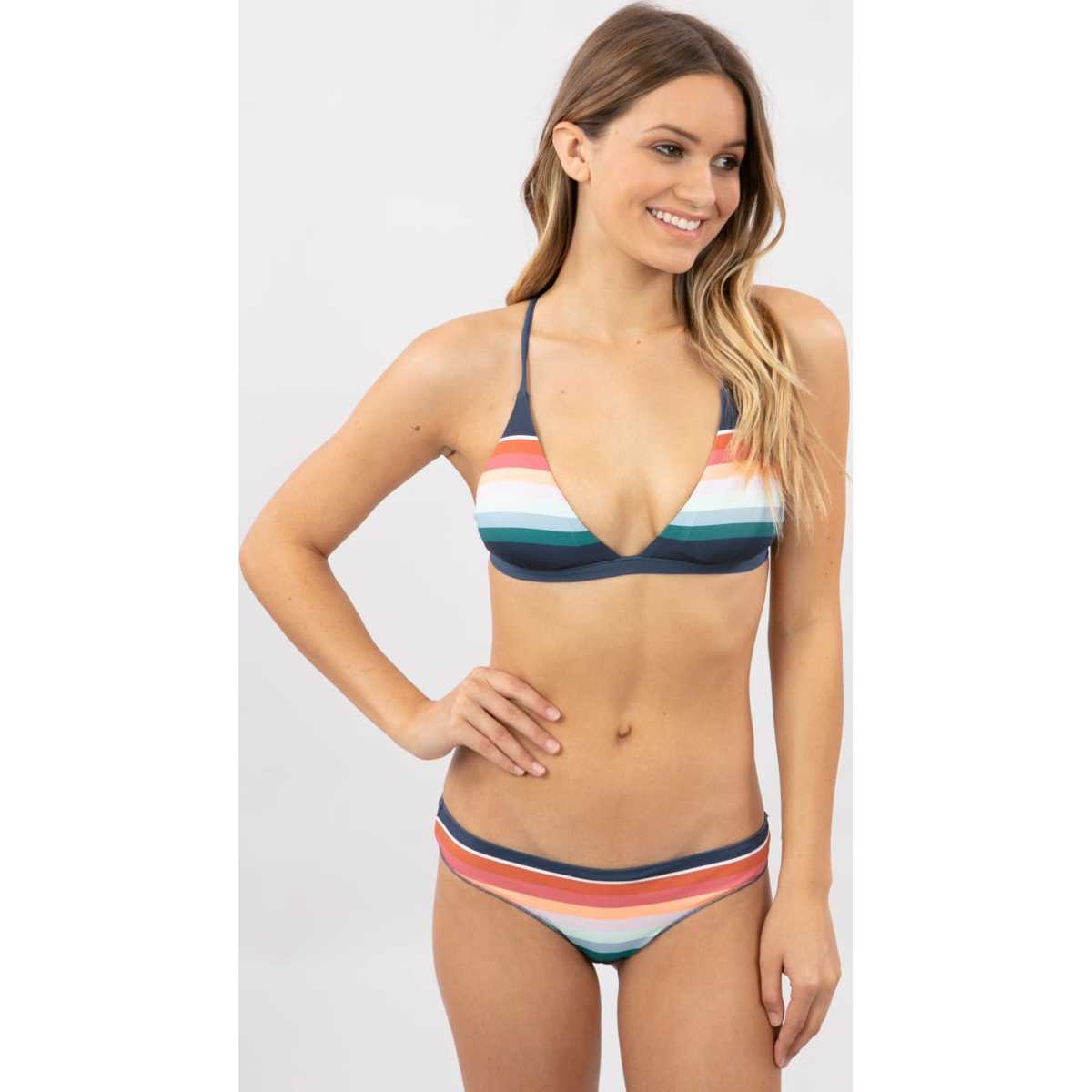 Retro Stripe Crossback Tri Bikini Top in Mid Blue